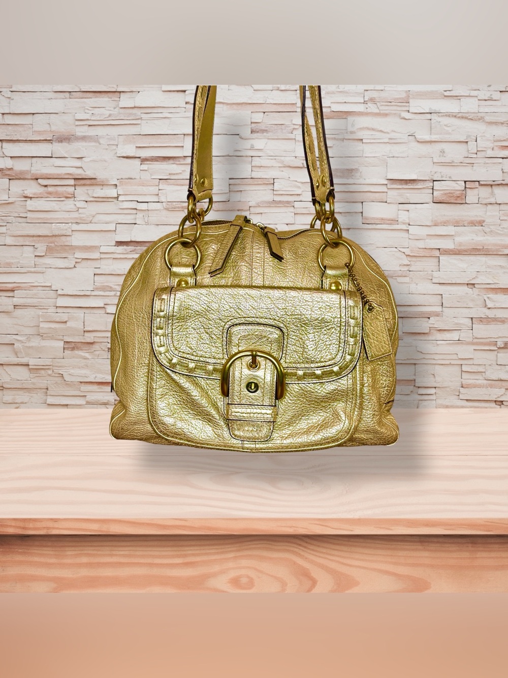 Coach Courtney Dome Metallic Gold Leather Shoulder Bag Whipstitch Buckle Pocket - Picture 2 of 8